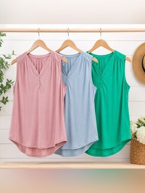 BUNDLE of 3 Sleeveless V-Neck Blouses - Green, Dusty Pink, Light Blue